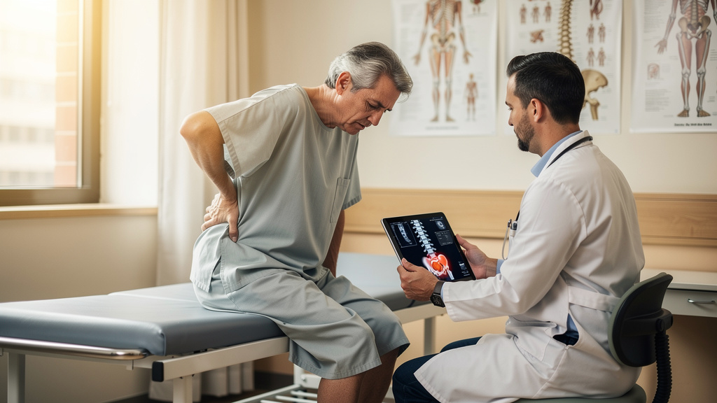 Patient discussing chronic back pain with doctor